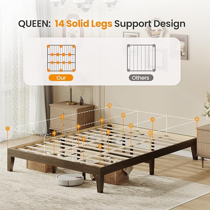 Queen Size Wood Platform Bed Frame, 12 Inch Solid Wood Bed Frame with Wooden Slats, No Box Spring Needed, Easy Assembly,Espresso