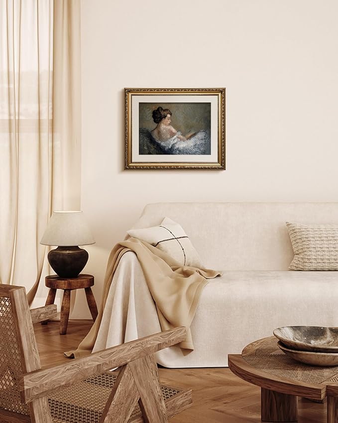 VIYYIEA Gold Framed Wall Art Canvas Print Home Decor Portrait Wall Art Sitting Woman Vintage Decor Room Aesthetic Mid Century Lady Elegant Farmhouse Painting Wall Decor for Bedroom Bathroom 13x16in