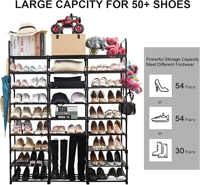 Mavivegue 9-Tier Metal Shoe Rack - Holds 50-55 Pairs, Tall Storage Shelf for Shoes, Boots, Entryway, Closet, Garage