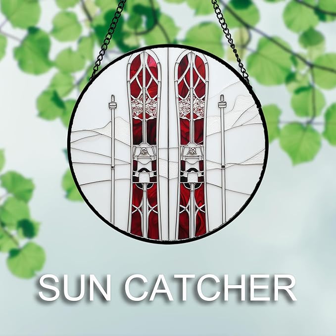 Stained Glass Window Hanging 4 Pcs Set Winter Skiing Red Christmas House Large 11.8" - Suncatcher Door Garden Sun Catcher Decor Birthday Mother's Day for Mom Woman Nana Friend
