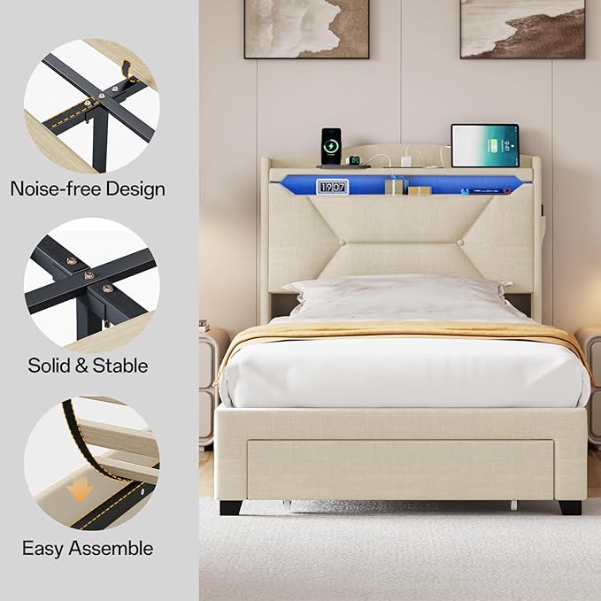Twin Bed Frame, Twin Bed Frames with Storage Headboard, Upholstered Twin Size Bed Frame with Drawers, Charging Station and LED Lights, Easy Assembly, Beige