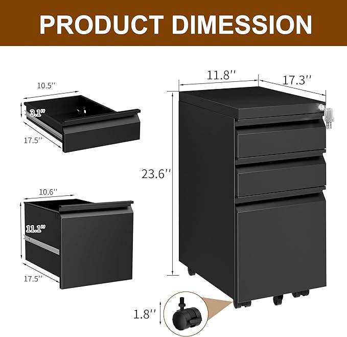 Metal Mobile File Cabinet with Lock and 4 Keys - Fully Assembled, Under Office Desk 3 Drawers Filing Cabinet for Home Office with Anti-tilt Wheels, A4/Legal/Letter Hanging File Drawers