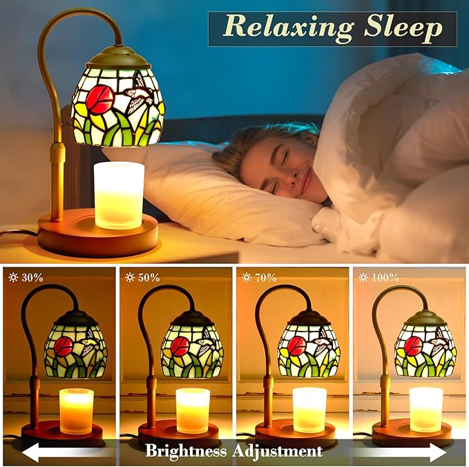 Candle Warmer Lamp with Timer Dimmer, Adjustable Height Candle Warmer for Jar Candles, Birthday Gifts for Women New Home Bedroom Decor Tiffany Hummingbird Style Stained Glass with 2 Bulbs