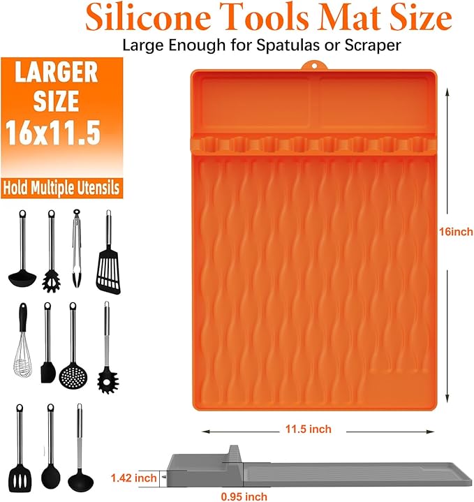 2-Pack Silicone Griddle Mat for Blackstone – Heat-Resistant Utensil Holder with Drip Tray, Non-Slip BBQ Tool Organizer for Grill, Kitchen Countertop & Outdoor Cooking Accessories（Grey&Orange）