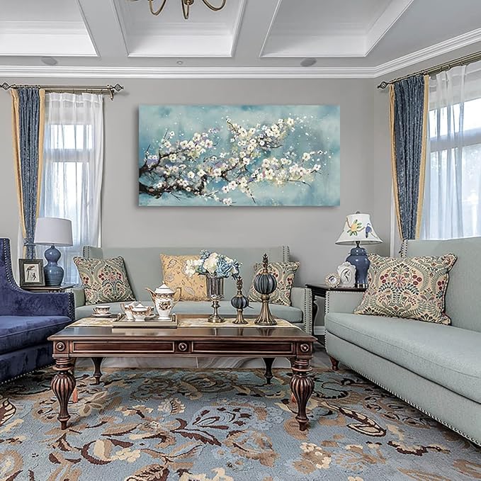 Plum Blossom Botanical Floral Canvas Art - Grey Blue - 30" x 60" - Framed - Ready to Hang - Bedroom, Living Room, Bathroom, Kitchen, Office, Home Wall Decor