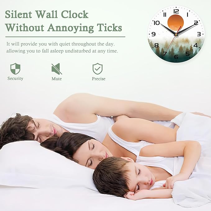 Wall Clock for Bathroom,Red Sun Wall Clocks Silent Non-Ticking Battery Operated Clock 10 Inch,Green Forest Wall Clocks Decorative for Living Room,Kitchen,Office