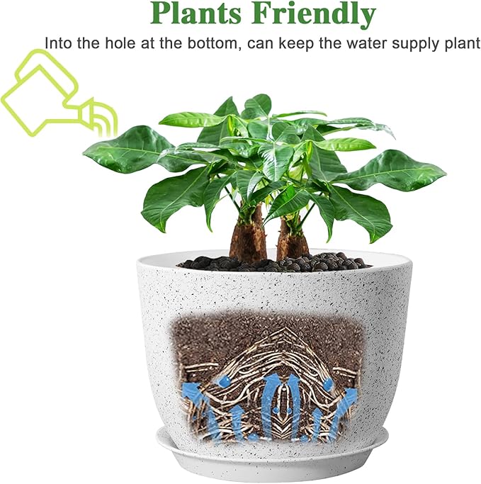 12inch Large Plant Pot, Modern Plastic Planter with High Driange Holes and Saucer for Indoor Outdoor Garden Plants and Flowers, White Speckles