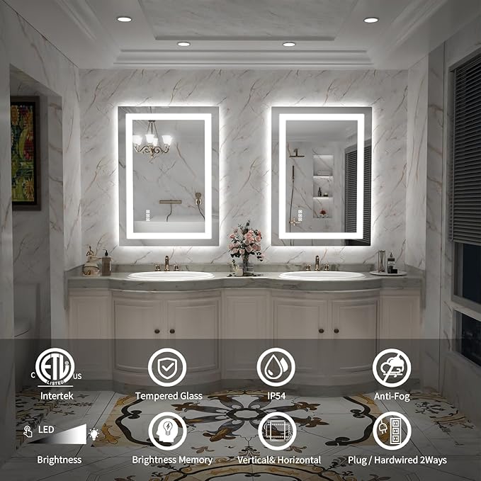 LED Mirror for Bathroom, 24x36 Inch Backlit + Front Lighted Bathroom Vanity Mirror with Lights for Wall, Double Light Strips, 3 Colors, Shatter-Proof, Anti-Fog and Brightness Memory
