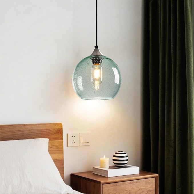 Light Green Glass Pendant Lights Kitchen Island Lighting Globe Pendant Light Fixtures Modern Pendant Lighting for Bedroom Living Dining Room Light Fixture (7.87 in, 1 Pack)