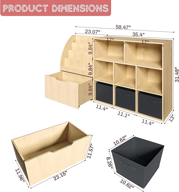 Kids Bookshelf and Toy Storage, Toy Storage Organizers with Movable Drawers & 3 Storage Bins, Kids Reading Nook Toy Organizers Shelf with 5 Cubbies, Natral Wood