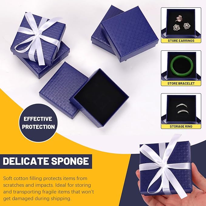Glarks 17pcs Dark Blue 2.95 x 2.95in Jewelry Gift Boxes with Pink Scissors and White Polyester Ribbon Set, Diamond Pattern Necklace Earring Bracelet Boxes Gift Case Ideal