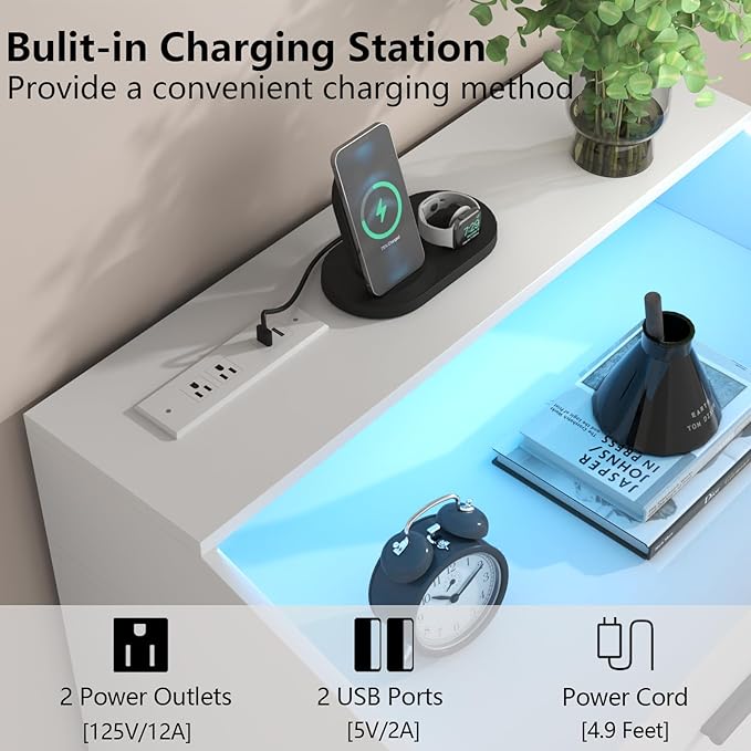 3 Drawers Dresser with Power Outlet, Chest of Drawers with LED Light, White Dresser Organizer with Open Storage Cubby, Modern Nightshatnd for Bedroom, Living Room, Entryway, Hallway
