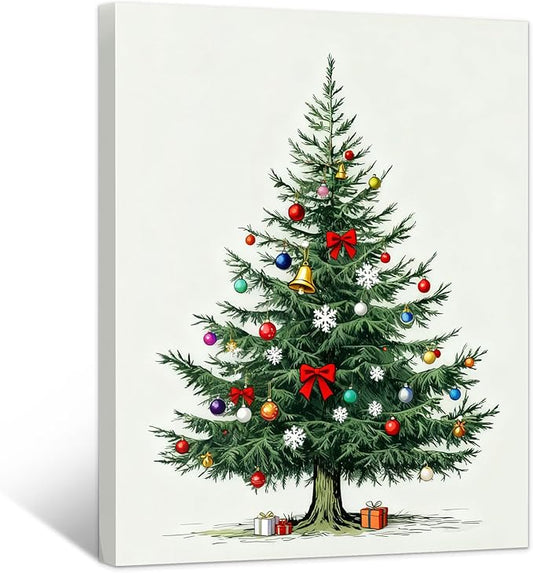 Framed Christmas Pictures Wall Decor,Vintage Pine Tree Prints,Winter Christmas Canvas Wall Art Decoration for Bedroom Bathroom Living Room Rustic Xmas Holiday Gifts (Christmas Tree 8, 16'' X 24'')