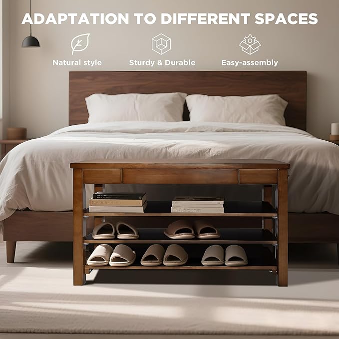 Wood Shoe Bench Entryway with Drawer: 3-Tiers Wooden Storage Shoe Rack with Bench Seat, Compact Mid-Century Modern Design for Entryway,Hallway,Closet,Front Door Entrance,Foyer Walnut 31.5"