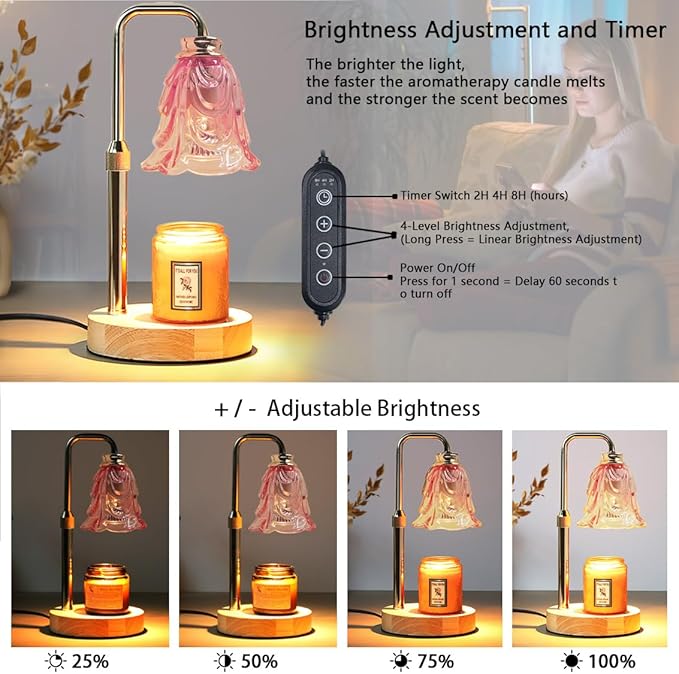 Candle Warmer Lamp with Timer Dimmer Adjustable Height for New Home House Bedroom Decor,Wax Melt Warmer with 2 Bulbs for Jar Candles, Gifts for Mom Women Friend Sister Mothers Day Birthday | Pink