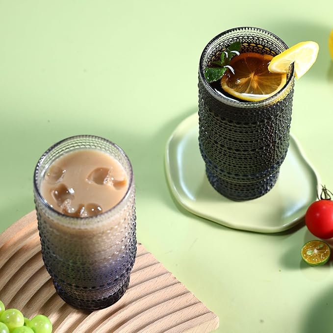 6pcs Hobnail Drinking Glasses Set, 16 oz Vintage Glassware Drinking Glasses, Gradual Gray-blue Water Glasses Tumbler, Cups for Kitchen, Juice, Beer, Cocktail, Whiskey