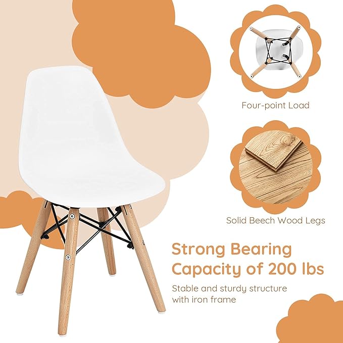 Costzon Kids Chair 4 Pcs, Toddler Chair in Mini DSW Size w/Solid Wood Legs, Wire Steel Base, Curved Backrest, Mid-Century Plastic Study Chair for Children of 3+, Ideal for Nursery, School & Home Use