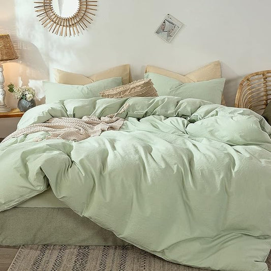 MooMee Bedding Duvet Cover Set 100% Washed Cotton Linen Like Textured Breathable Durable Soft Comfy (Heathered Seaglass Green, Cal King 104"x98")