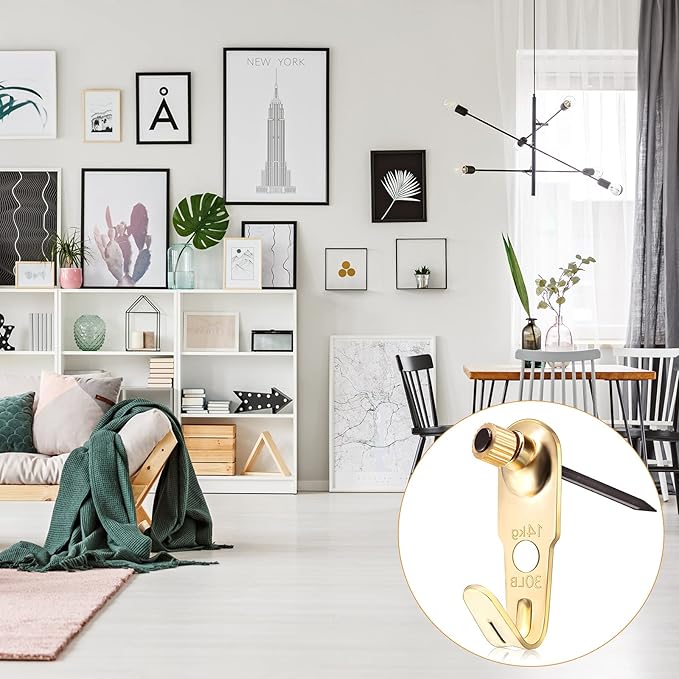 Jetec Plaster Picture Hangers Hooks Picture Gold Hanging Kit with Nails for Plaster Wall Wooden Wall Drywall Mounting(50 Pieces,30 lbs)