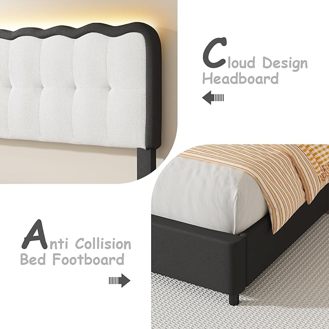 BarnFurin Full Size Bed Frame with LED Lights, Full Bed Frame with Headboard LED Lights, Upholstered Platform Bed with Cloud Headboard, No Box Spring Required, Easy Assembly, Black