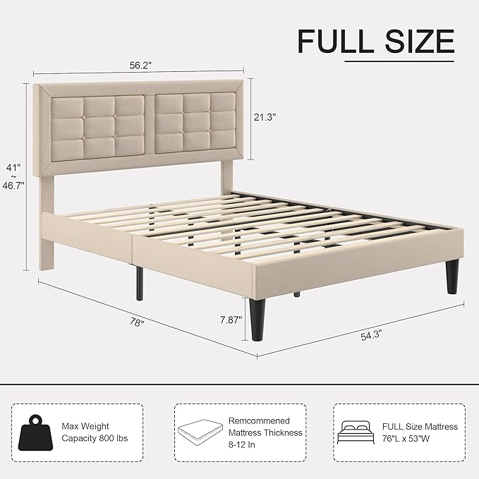 VECELO Full Size Bed Frame with Adjustable Headboard, Upholstered Button Tufted Platform Bedframe with Wood Slats Support, No Box Spring Needed, Beige