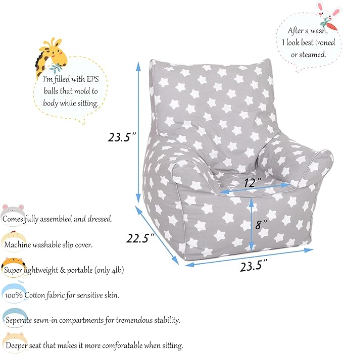 Delsit Children's Bean Bag Chair - Handmade in Europe - Lightweight & Portable Toddler Chair with Washable Cover - Comfortable & Fully Assembled - Perfect for Little Kids | Gray with Stars