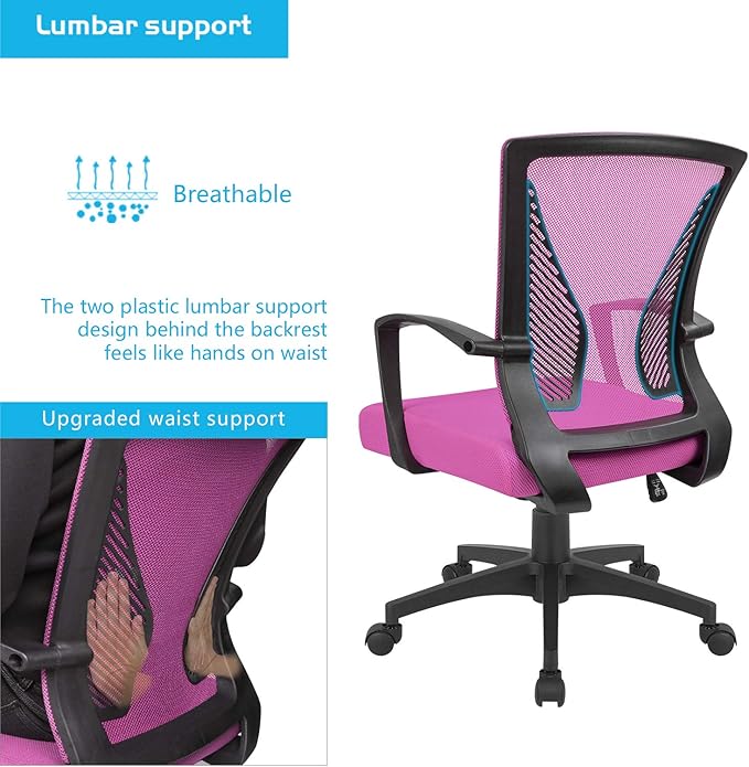 Furmax Office Chair Ergonomic Computer Desk Mesh Chair Mid Back Swivel Lumbar Support with Armrest (1, Pink)