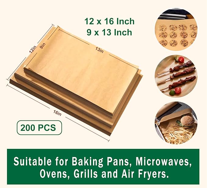 200pcs Unbleached Parchment Paper Sheets, 12x16In Precut Cooking Paper Liners for Baking Sheets, Air Fryer, Microwave, Grilling, Oven, Non-Stick,Non-Toxic, Oil Proof, Food Grade