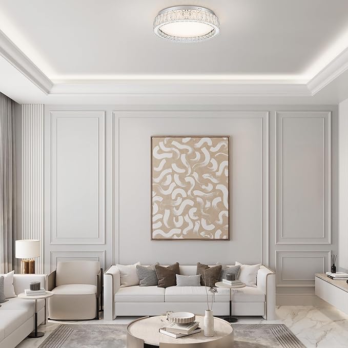 LamQee Crystal Flush Mount Ceiling Light Fixture, Dimmable LED Modern Close to Ceiling Light, Hallway Light Fixtures Round Chandelier for Bedroom Kitchen Bathroom Dining Living Room, Large, 21.65 inch