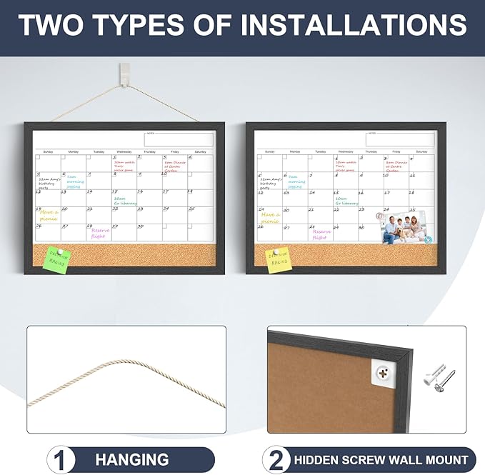 Dry Erase Calendar for Wall, 17x13 Inches Calendar Whiteboard for Wall, Small Magnetic White Board Corkboard with Wood Framed, Hanging Dry Erase Board for Kitchen Home Office School Planner