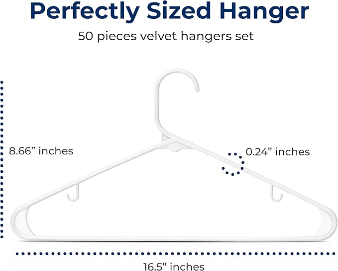 SereneLife 50-Pack White Plastic Hangers – Durable Tubular Slim Design for Shirts, Pants, Coats & Dresses, Space-Saving Closet Organization Hanger Set for Home & Laundry Storage Needs