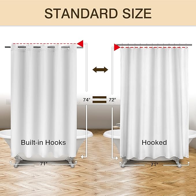 River Dream Fabric Shower Curtain No Hooks Needed - TPU Lining & No Liner Required, Hotel Shower Curtain for Bathroom with Built-in Hooks & Bottom Magnets, Waterproof, White, 71x74