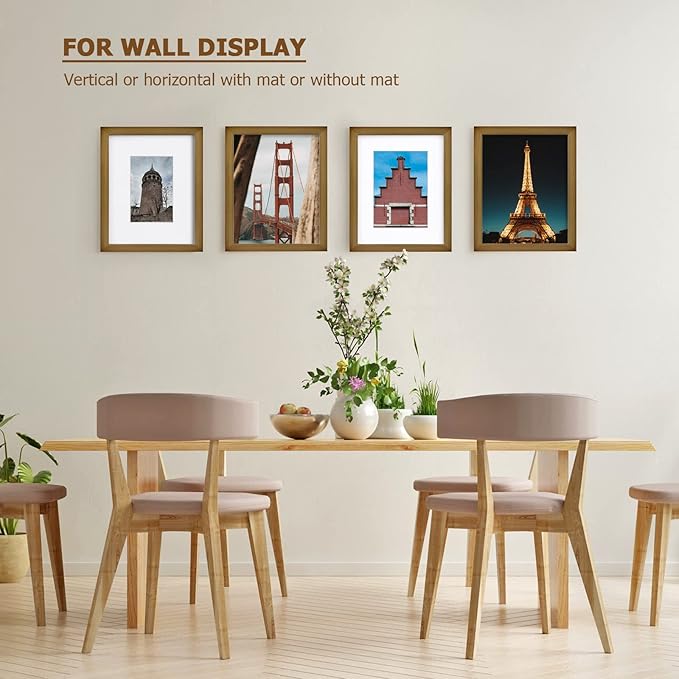 KINLINK 8x10 Picture Frame Brown, Solid Wood Frames with Acrylic Plexiglass for Pictures 4x6/5x7 with Mat or 8x10 without Mat, Tabletop and Wall Display Photo Frame, Set of 4