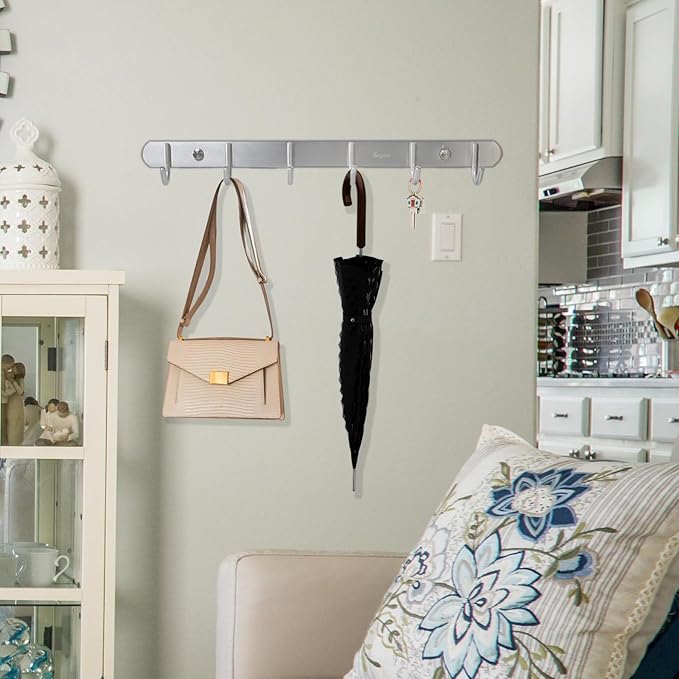 Coat Hook Rack Wall Mounted - Sagmoc Towel Hook Rail with 6 Round Hooks/16-inch/304Stainless Steel Brushed Nickel/Super Easy Installation/Rust and Water Proof/Perfect Home Storage & Organization