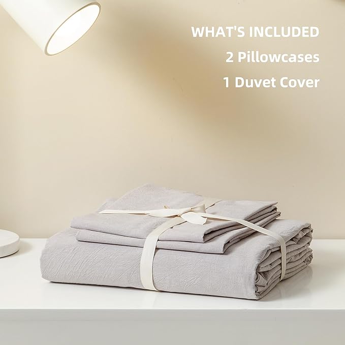 JIYUAN 100% Washed Cotton Duvet Cover Set 3 Pieces King, 1 Duvet Cover 104x90 Inches(Comforter Not Included) and 2 Pillowcases,Linen Feel Bedding Set Comfy and Breathable, Heathered Linen