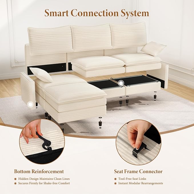 Vesgantti Large Modular Sectional Sofa, Big Comfy Cloud Couch with Ottoman Deep Seat Corduroy Cloud Sofa, 8 Seater Large Sectional Couches for Living Room, Bedroom and Apartment, Beige