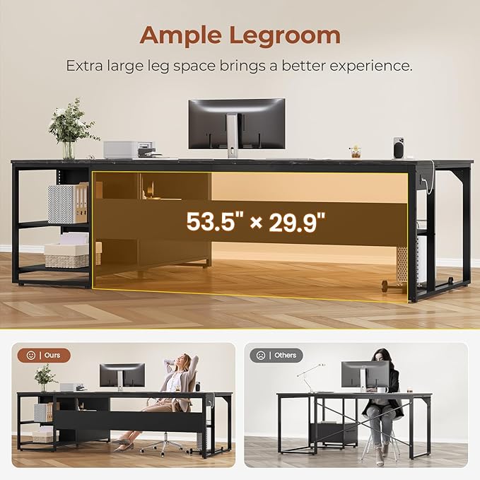 71" Executive Desk, Large Office Desk with Widen File Drawers & Power Outlets, Reversible L Shaped Computer Desk Corner Desk with Storage Shelves, CPU Stand, Hooks, Business Furniture (Black)