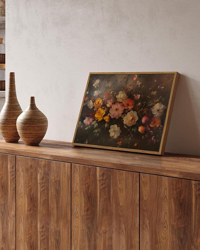 InSimSea Framed Canvas Wall Art, Vintage Wall Decor, Fall Floral Dark Moody Painting for Living Room, Bedroom Autumn Country Retro Flower Print Pictures Decorations,12x16inch