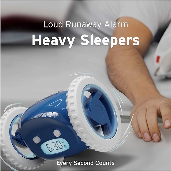 CLOCKY Extra Loud Alarm Clock for Heavy Sleepers on Wheels Rolls Runs Away Vibrating Easy to Set Super Smart Snooze Digital Bed Shaker Alarm Clock Funny Gift for Adults Kids Teens Bedrooms (Navy)