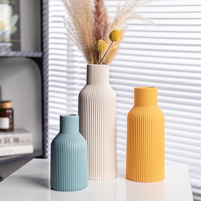 Colorful Ceramic Vases Set of 3, Colorful Ribbed Decorative Vases - Table Centerpieces for Wedding, Living Room, Office & Shelf Decor