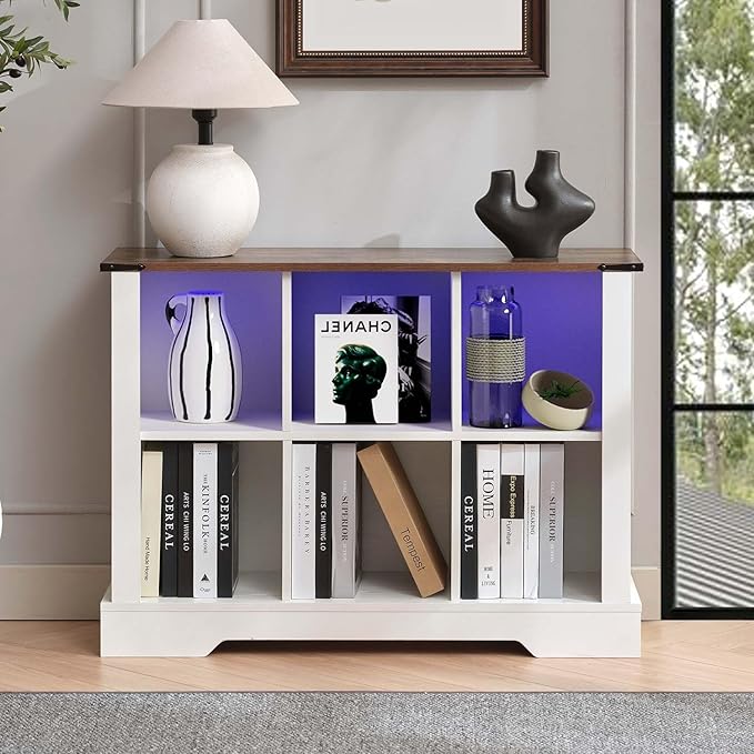 6 Cube Storage Organizer, 2 Tier Bookshelf, Vintage Wood Bookcase with Led Lights, Toy Storage Shelf, Wall Cube Shelves for Bedroom, Kids, Home Office, Living Room (White, 6)