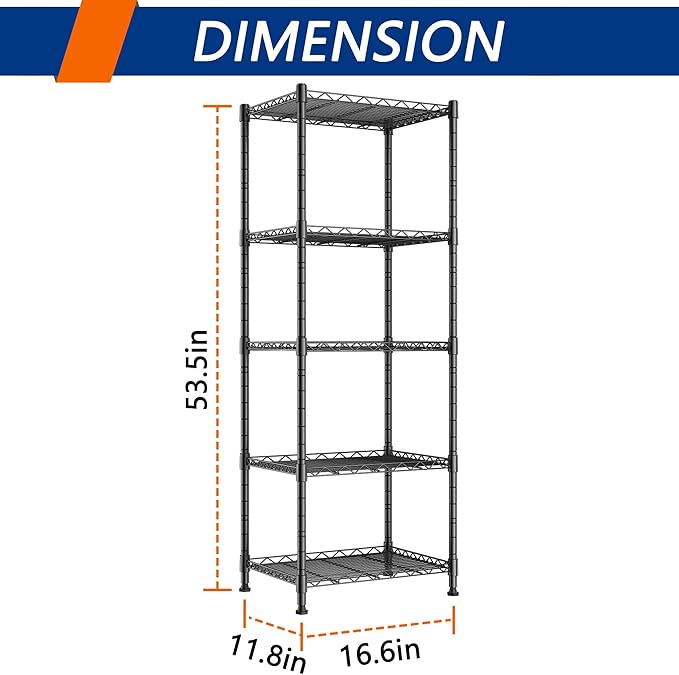 REGILLER 5-Wire Shelving Metal Storage Rack Adjustable Shelves,Standing Storage Shelf Units for Laundry Bathroom Kitchen Pantry Closet(Black,11.8" D x 16.6" W x 53.5" H)