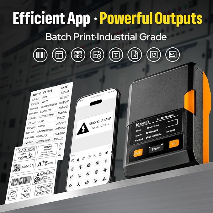 Makeid EP53 Portable Industrial Label Maker, 2" Print Head Bluetooth Label Printer, Mobile APP & PC Editor Compatible, 2000mAh Li-ion Battery, Come with 1" H x 2" W Label for Job Sites