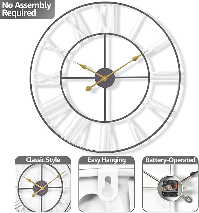 Sorbus Large Wall Clock for Living Room Decor – Easy to Hang 24-Inch Big Wall Clock – Metal Wall Art for Kitchen, Bedroom, Home, Office – Analog Decorative Wall Clock (Black)