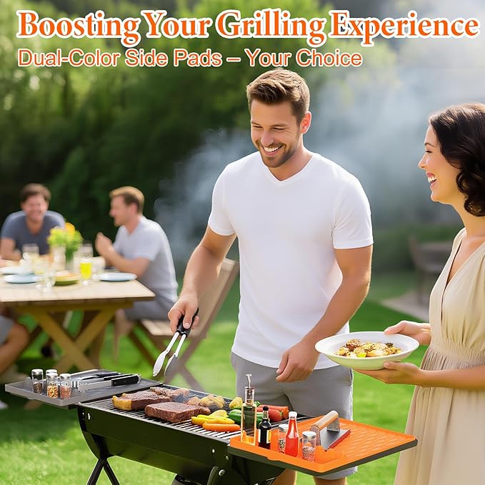 2-Pack Silicone Griddle Mat for Blackstone – Heat-Resistant Utensil Holder with Drip Tray, Non-Slip BBQ Tool Organizer for Grill, Kitchen Countertop & Outdoor Cooking Accessories（Grey&Orange）