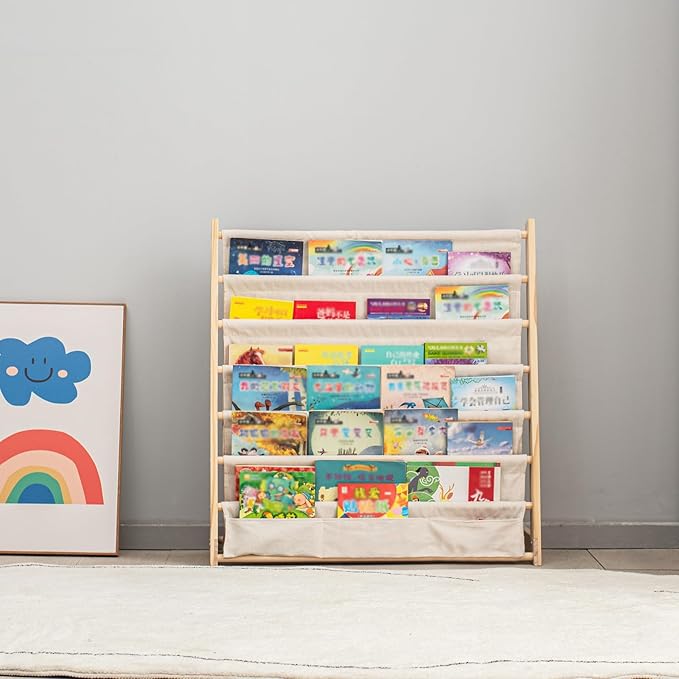 7 Tier Wood Bookshelf for Kids Books Storage Organizer Natural Wooden Book Shelves for Study Room Living Room (29.52" L x 11.81" W x 31.10" H)