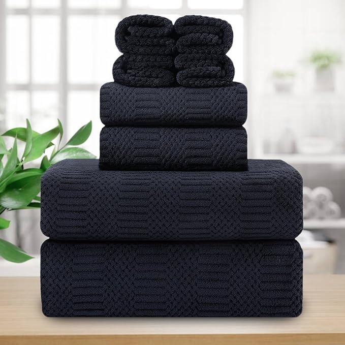 8 Piece Oversized Bath Towels Set Black,2 Extra Large Bath Towel Sheets,2 Hand Towels and 4 Washcloths 600 GSM Highly Absorbent Quick Dry Towels Set for Bathroom Hotel