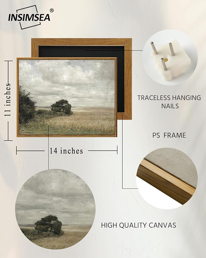 InSimSea Framed Canvas Wall Art Vintage Decor, Landscape Wall Art Prints, Vast Field under Cloudy Sky Wall Decoration, Mid Century Modern Decor, Rustic Farmhouse Bedroom, Retro Room, 11"x14"