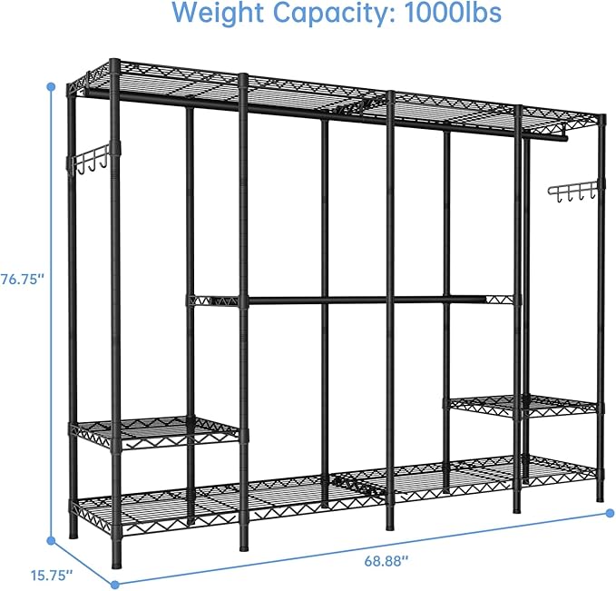 Heavy Duty Garment Rack Clothes Rack,Large Metal Closet Organizer System Storage Wardrobe,Freestanding Clothing Rack with Adjustable Wire Shelves& Hang Rods,MaxLoad 1000lbs