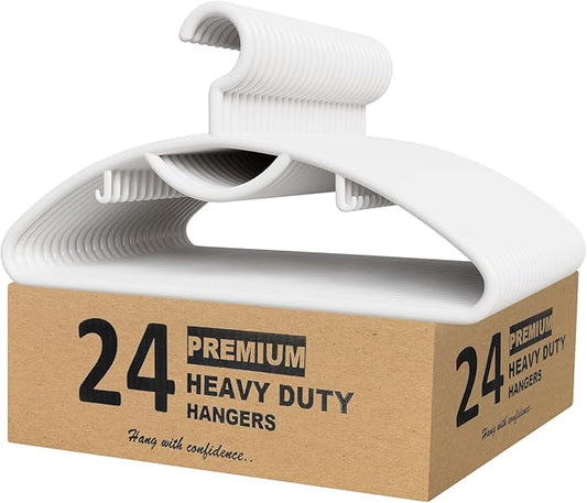 Plastic Clothes Hangers- 24 Heavy Duty Plastic Hangers for Clothes, Light Weight, Coats, Dress, Suits- Non Slip Cloth Hanger with Hook for Scarves, Belts & Ties- Snag Free White Hangers for Shirts